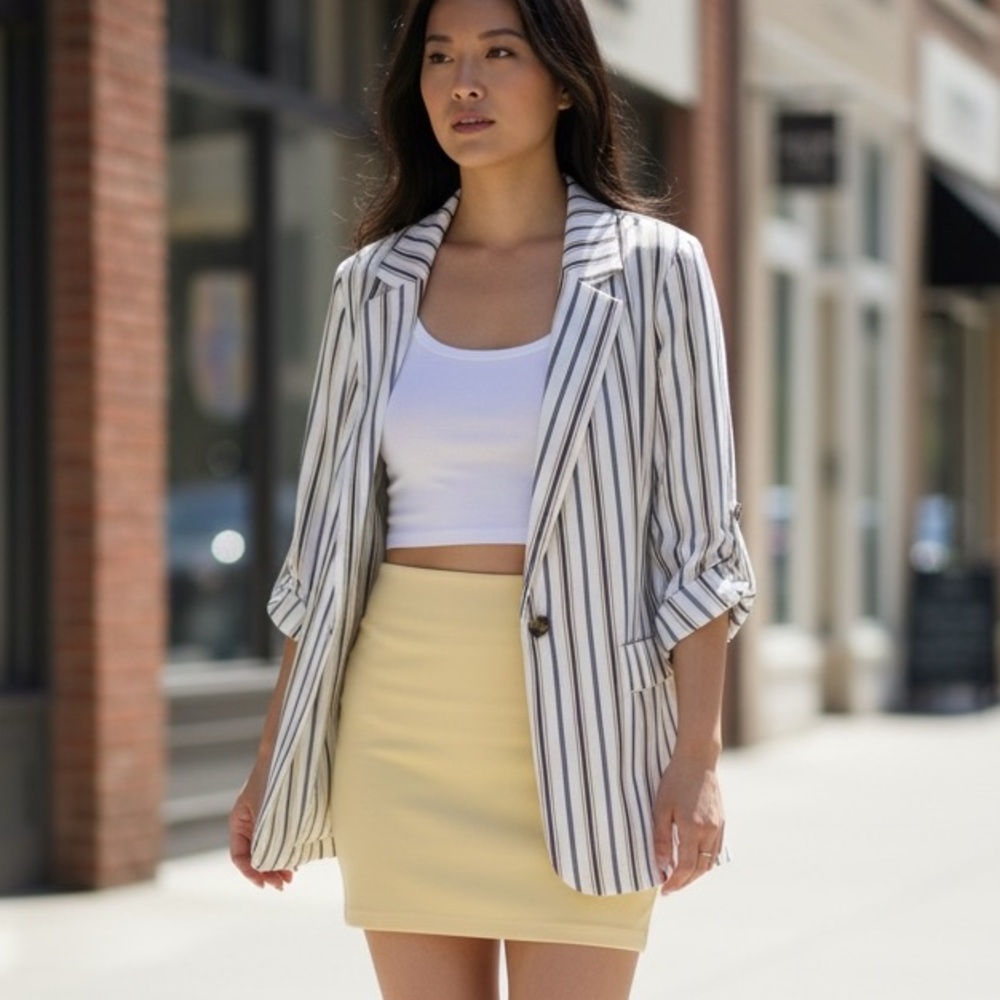 💛 Forever 21 Striped Blazer | Pale Yellow Blue White | Lightweight Spring Summer